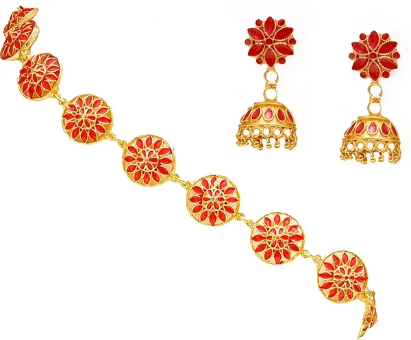 Copper_Based_Assamese_Traditional_Gold_Plated_Red_Colour_Japi_Design_Golpata_Necklace_Set_For_Women